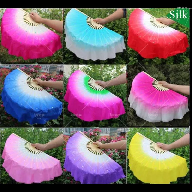 Usure de scène 2pcs Chinois Bellydance Fan 30cm Bamboo 10cm Half Circle Silk Veil Pairs Yangko Dance Fans Dye Dye Adults Sell
