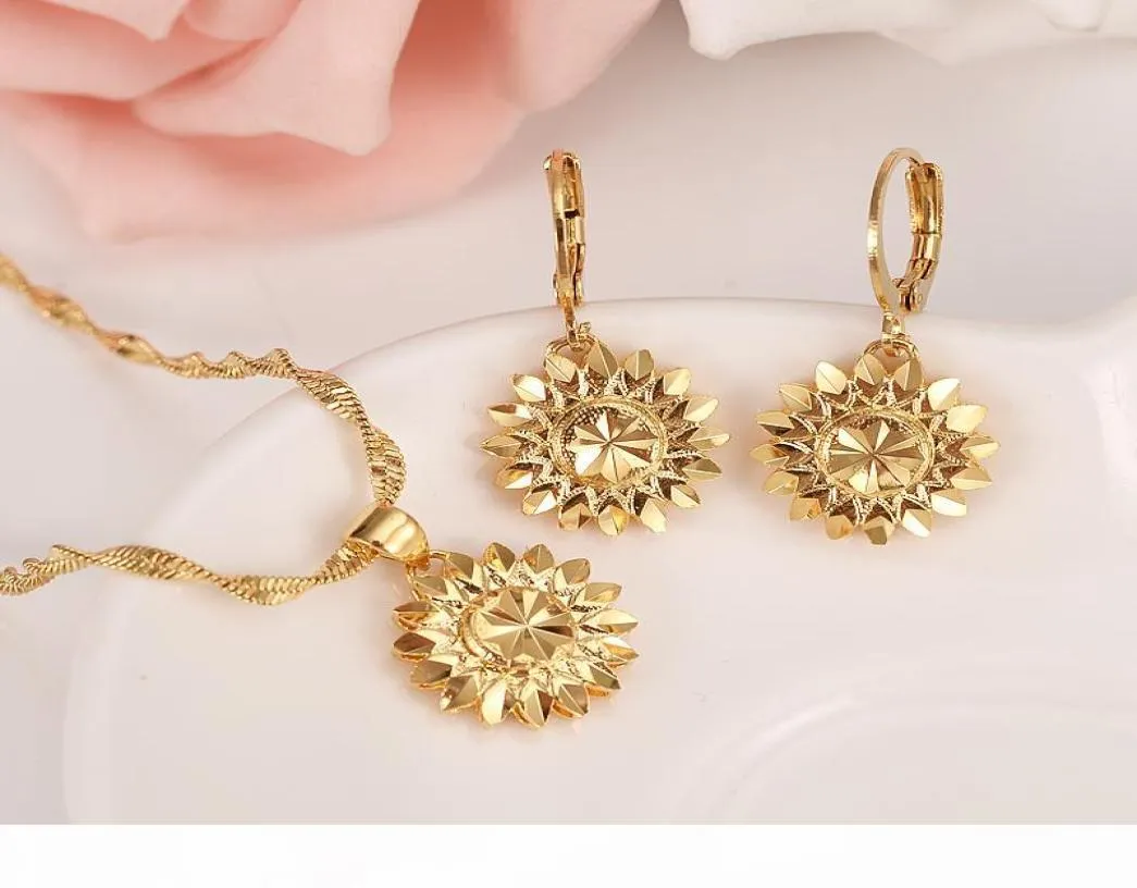 Dubaï Ethiopian Set Jewelry Collier Pendant Pendre Girl REAL 18 K Jaune solide Fine Gf Flower Europe Sett Bridal Set3977615