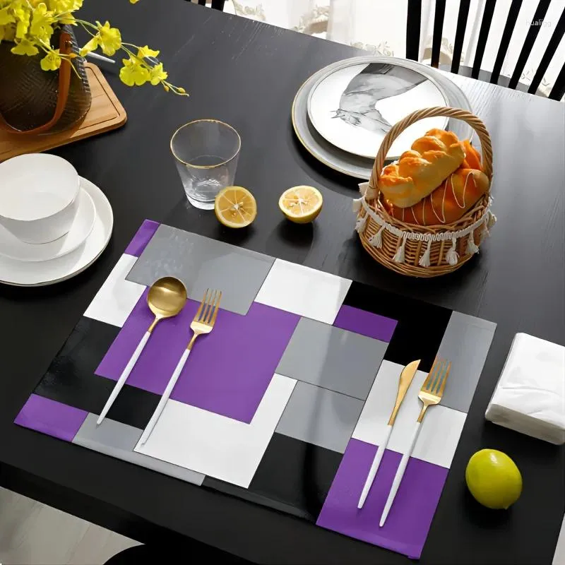 Table Mats 2pcs Placemats Dining Mat Set Abstract Art Patchwork Purple Black Grey Kitchen Pad Room Decor