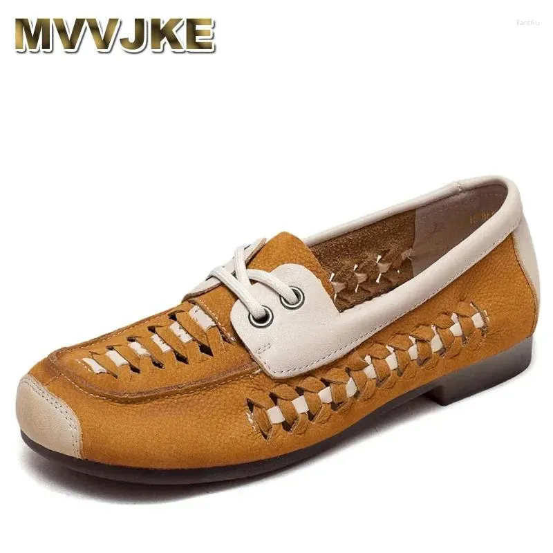 Casual Shoes Weave äkta läder bekväma mockasiner Retro Cow Suede Soft Soled Flats Loafers Round Toe Summer Lace Up Women