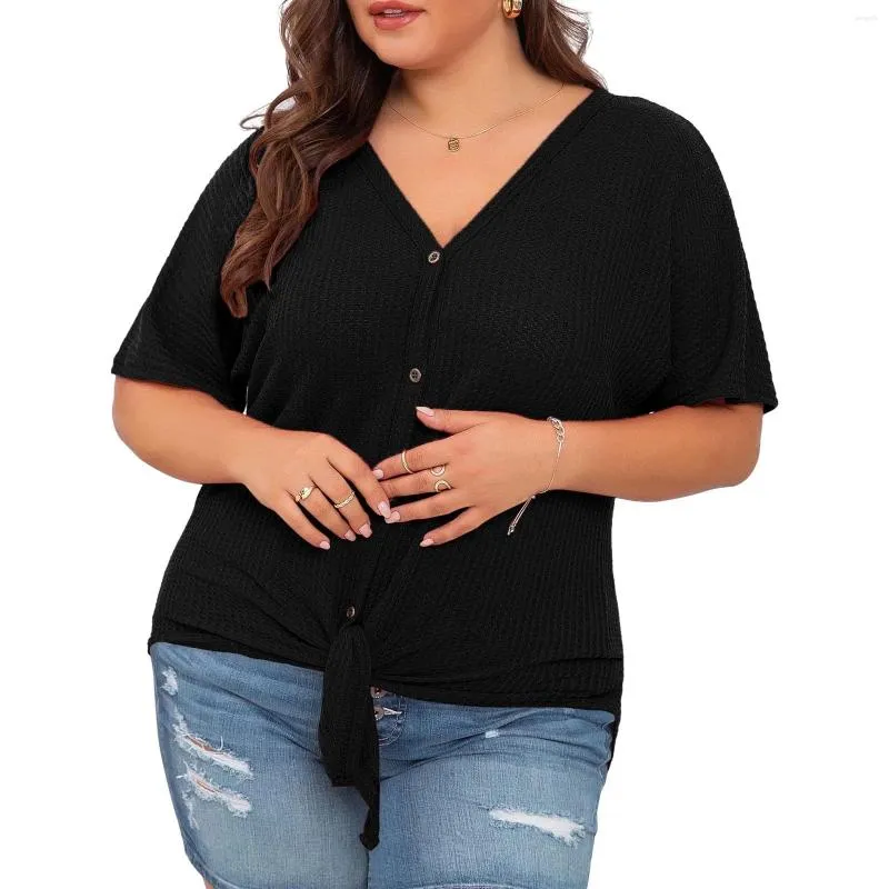 Kvinnors T -skjortor Kvinnor Plus Size Tops Kort ärm V Neck Knit Tunic Blouse Tie Front Button Up Loose Elegant Fashion Women Top