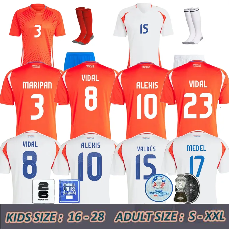 Chili 24/25 Jerseys de football Alexis Vidal Kids Kit 2025 Tableau de football de l'équipe nationale Red Away White Full Set Men Camiseta 2024 Copa America Zamorano Isla Ch.