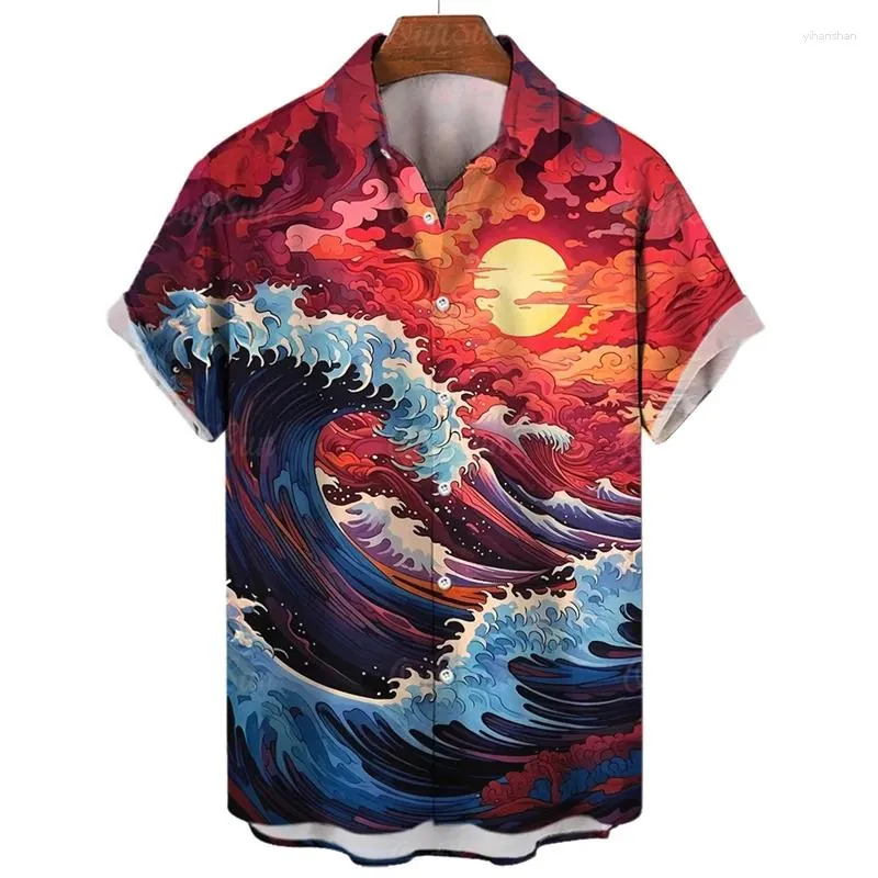 القمصان غير الرسمية للرجال harajuku أزياء غروب الشمس الرسم للرجال ملابس الملابس بلوزات هاواي الشاطئ الشارع y2k قمم