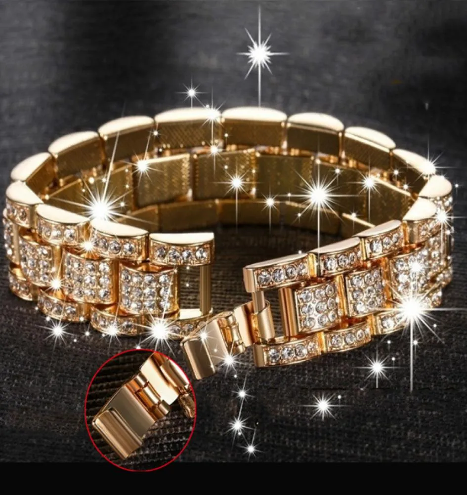 Rapper Goldsilber Festkette Eced Dicke Miami Kubanische Verbindung Kette Luxus Hip Hop -Watchband -Armband Strass