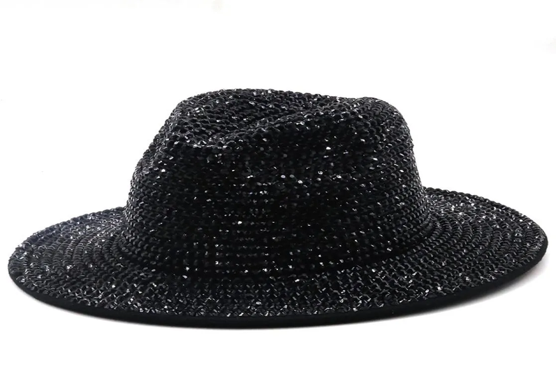 Fedoras Diamond Felt Fedora Hat Bling Rhingestone Panama Wide Brim Jazz Hats for Women Men Women039s Men039s Cap Male Man Wom5008503