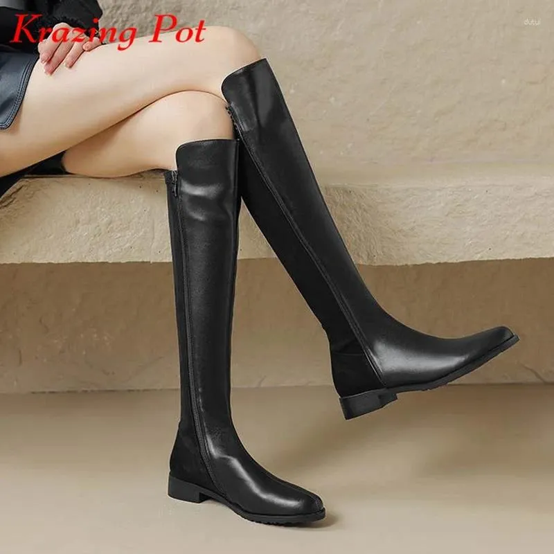 Boots Krazing Pot Microfiber Flock Round Toe Winter Warm Riding Thick Heels Gladiator Plus Size 42 Gorgeous Zipper Knee