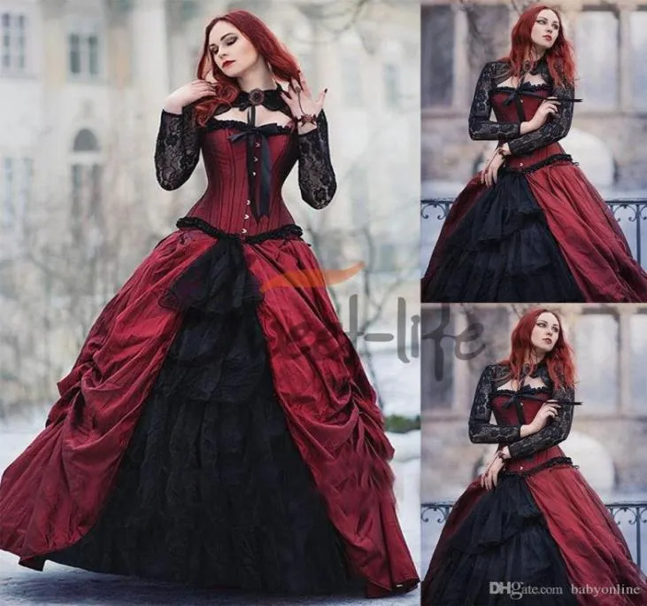 Old School Gothic Victoriaanse Halloween Avondjurk Vintage Ball Gojed High Neck Sheer Lace Long Sleeve Plus Size Quinceanera Party2076919