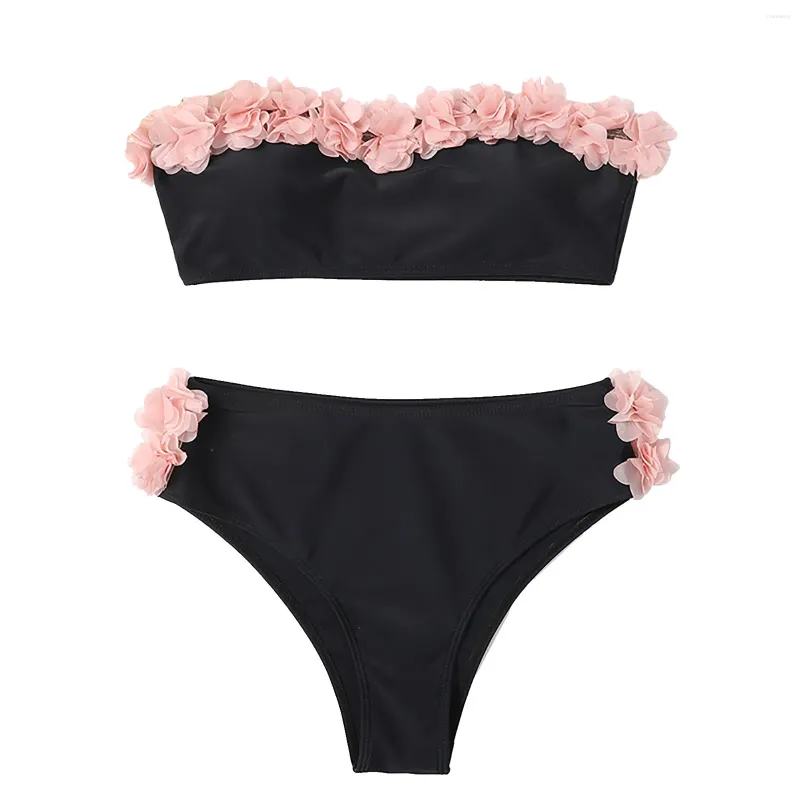 Women's Swimwear Flower Bikini 2 Piece Set Strapless Swimsuit High Waist Sexy Thong Women Solid Color Push Up