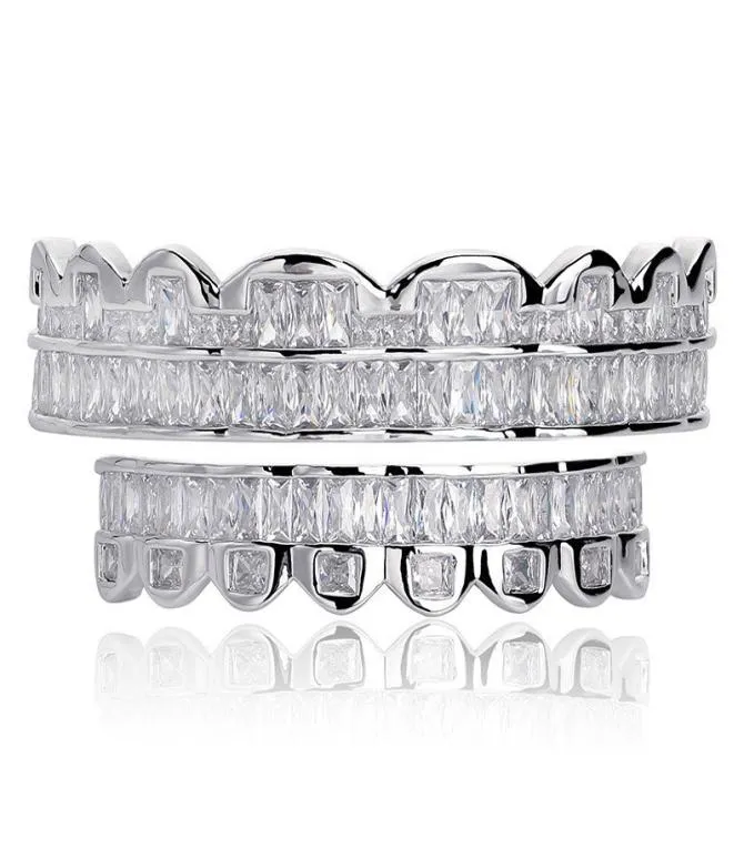 New Discount Baguette Set Teeth Grillz Top Bottom Silver Color Grills Dental Mouth Hip Hop Fashion Jewelry Rapper Jewelry7165408
