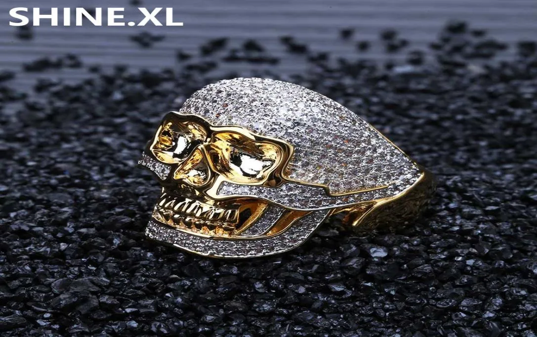 Hip Hop Ring Copper Gold Color Plated Iced Out Micro pavimentado Ring Skull Spany para homens Mulheres5144876