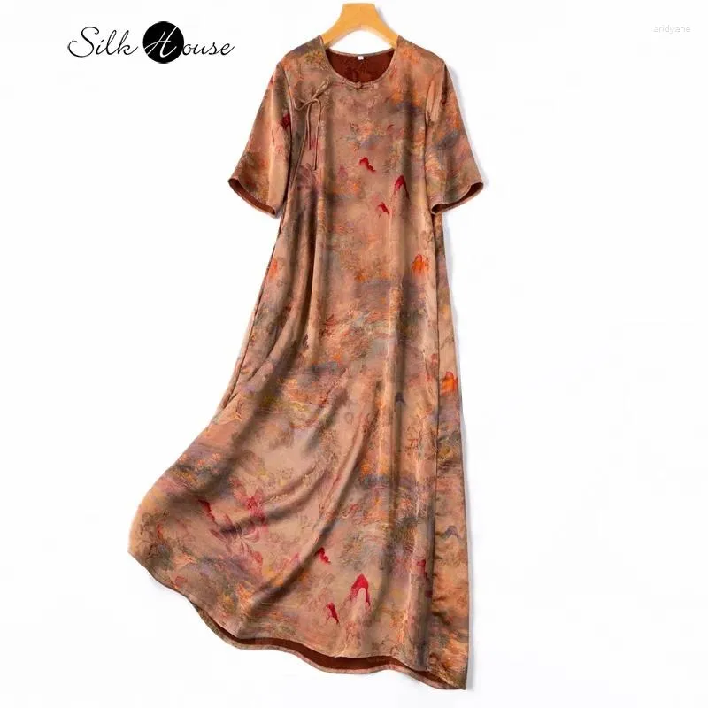 Party Dresses 2024 Women's Fashion Summer Book Fragrance Natural Mulberry Silk Jacquard Colorful Red Cloud Yarn Button Dress
