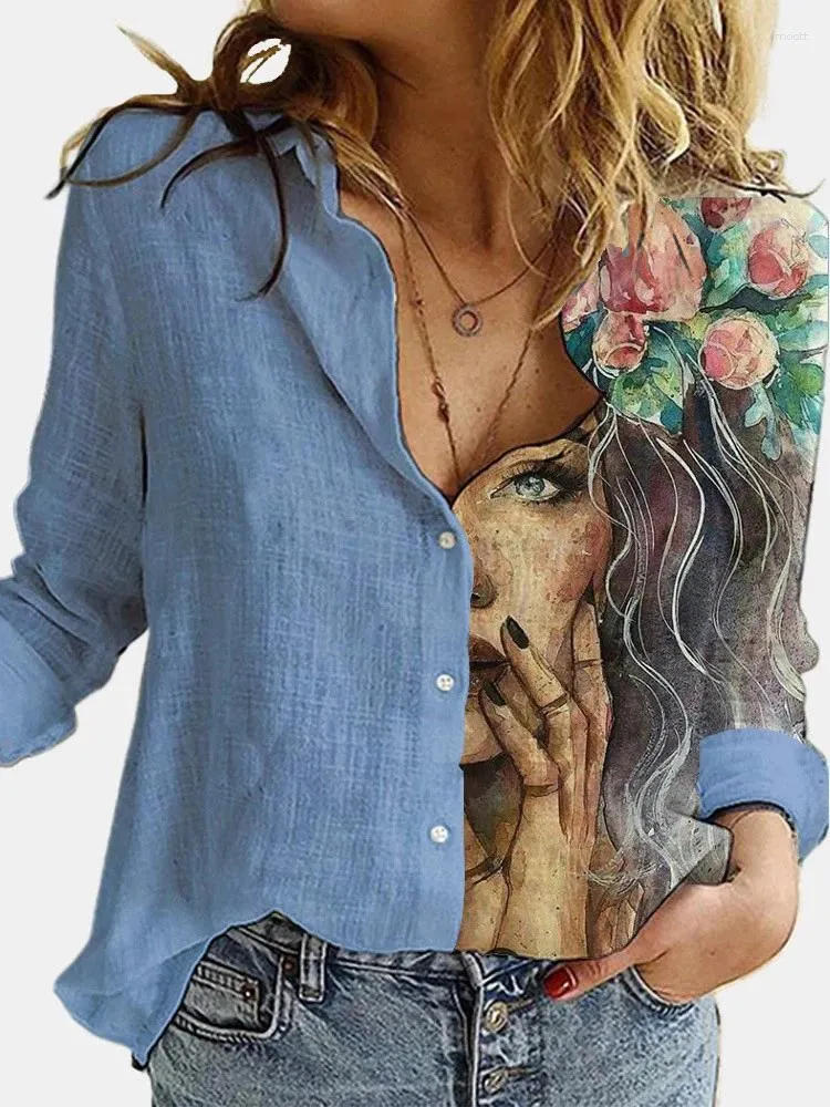 Blouses pour femmes printemps / automne Elegant Print Shirts Women Turndown Collar Collar manche longue Street Casual Shirt Blue oversize