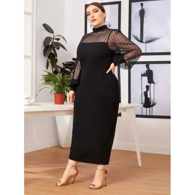 Basic Casual Dresses New plus size lantern long sleeved mesh patchwork dress for womens elegant high waist patchwork buttocks packaging black dressL2405