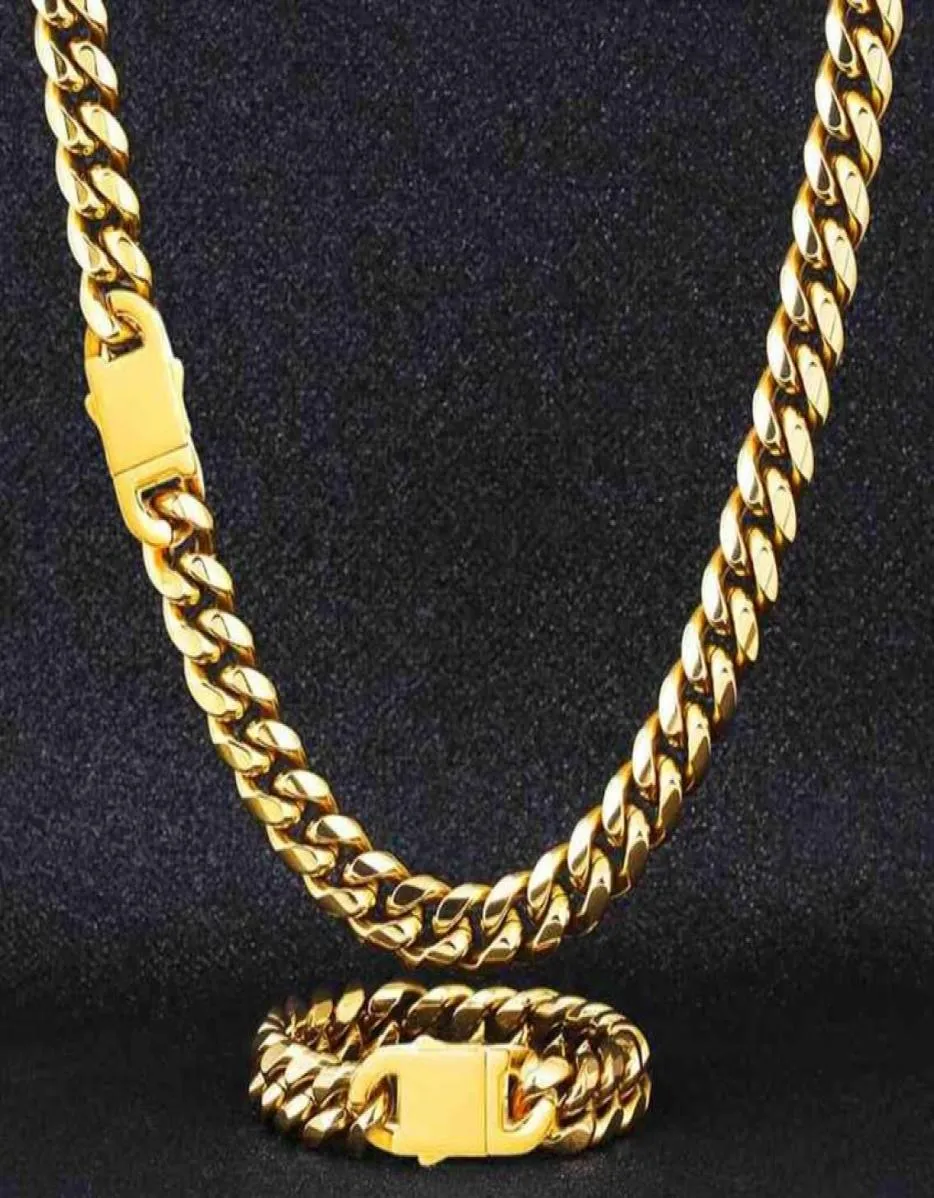 Wholale Joyeria Acero Inoxidable Gold Plated Figaro Chain Miami Curb Cuban Link Halsband Armband Men039S smycken Set26347939821