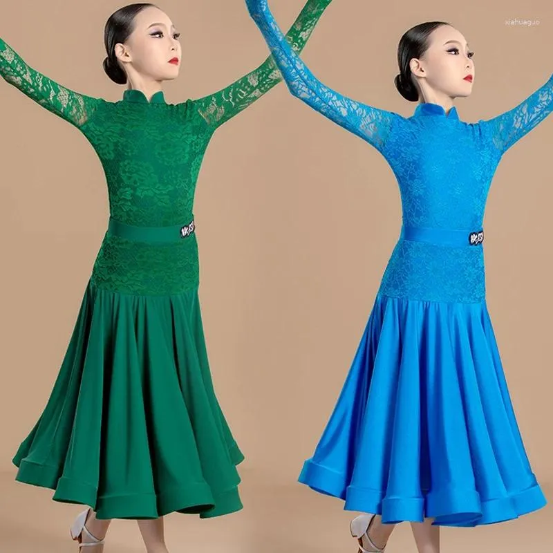 Scena noszenia dziecięcych konkursów z tańca łacińskiego dla dzieci zielony niebieski krajowy standardowe sukienki balowe dziewczyny nowoczesne taniec xs7973