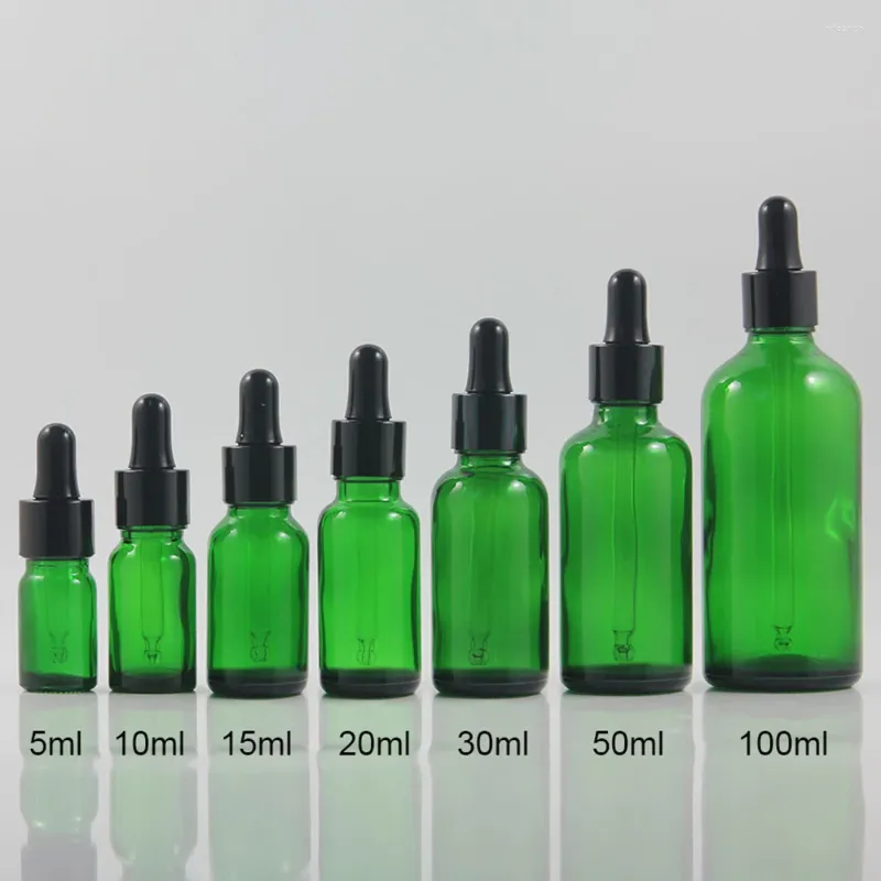 Garrafas de armazenamento atacado 1 oz Garraco de gotas de vidro verde 30 ml embalagens cosméticas com preto