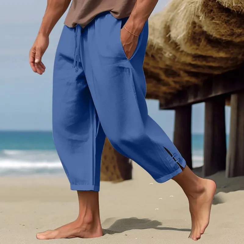Pantalones para hombres 2024 Harén de verano Long para hombres Joggers Estilo de lino sólido Longitud de ternero Capris Capris Pockets Srawling Pantalones