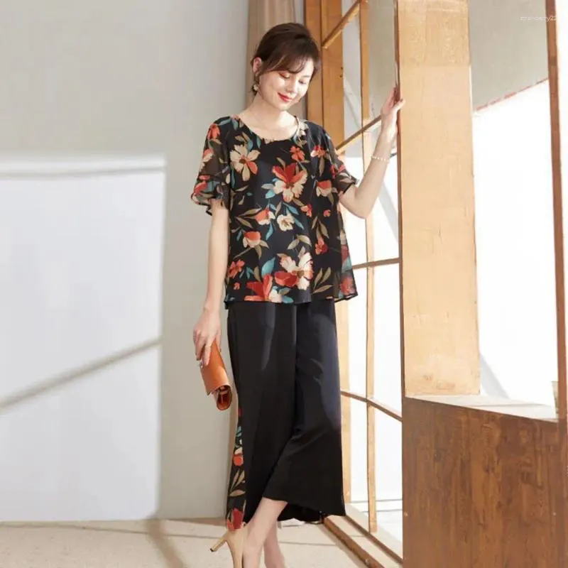 Women's Two Piece Pants Women Floral Print Outfit Flower Ruffle Sleeves Top Wide Leg Trousers Set For Wear With Patchwork Design
