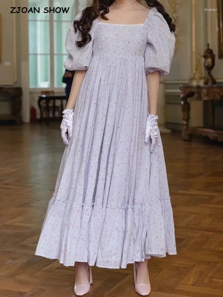 Parti Elbiseleri 2024 Prenses Mor Çiçek Baskı Balosu Elbise Kadınlar Kare Yaka Puf Kılı