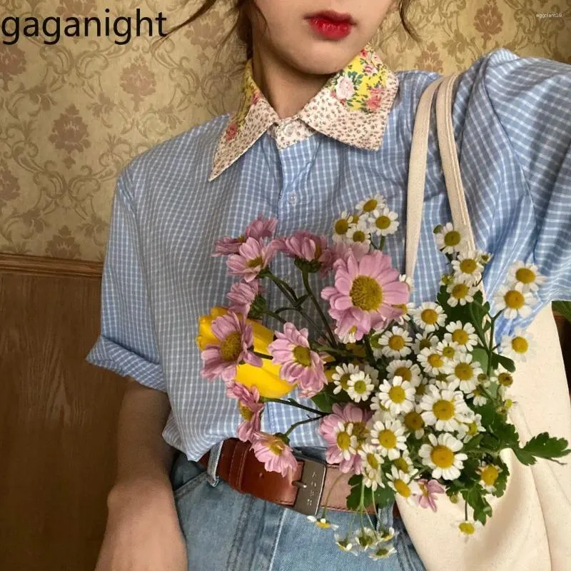 Blouses pour femmes Gaganight Femmes Trop-bas chemise à carreaux à manches courtes à manches courtes 2024 Style d'été Collier floral rétro