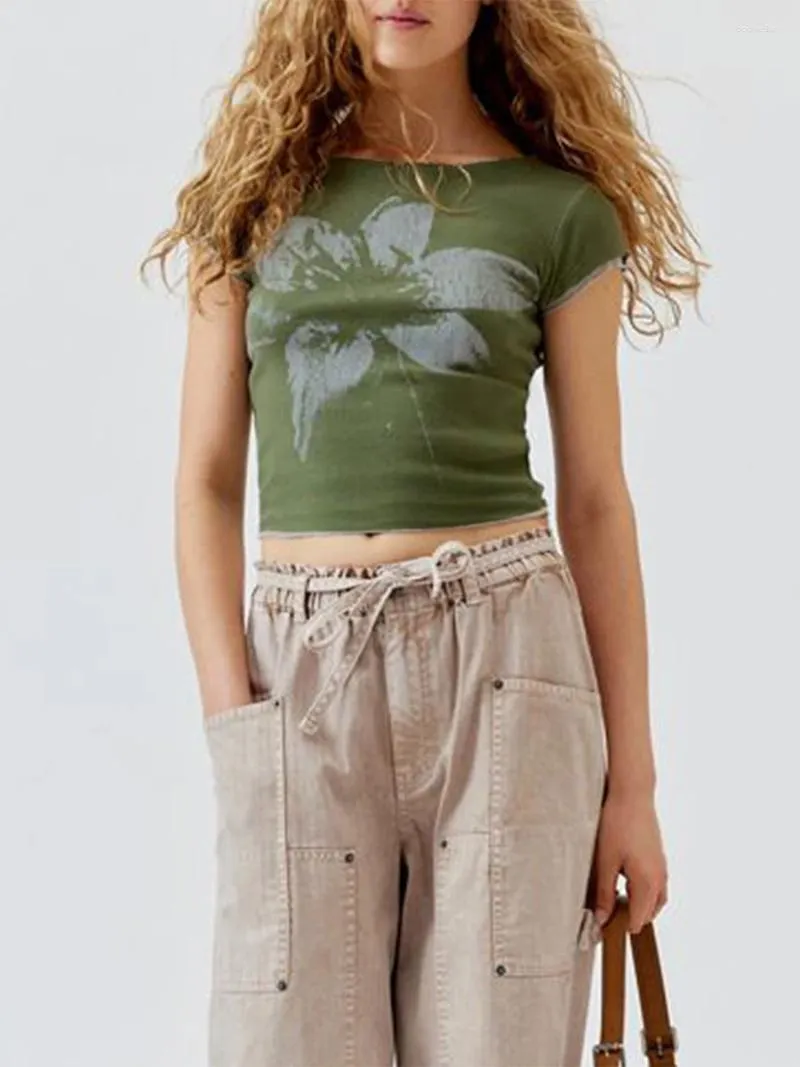 Serpaci da donna Donne Donne estetica Flower Crop Top Top Short Short Creewneck Graphic Tees 90s E-Girls Slim Adatta