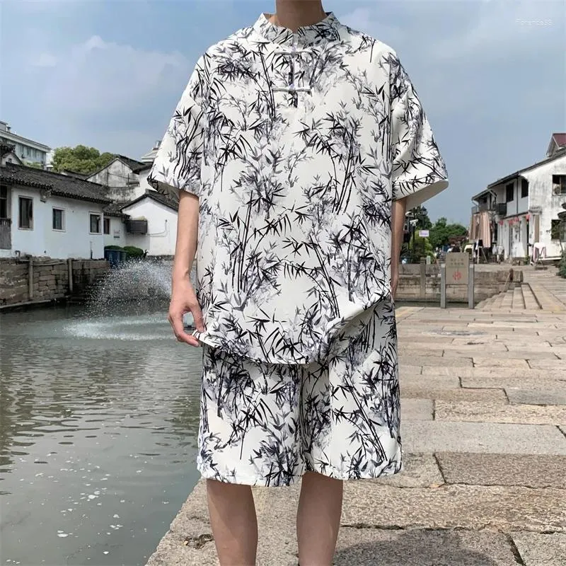 Suminillos para hombres Summer Ice Silk Tang Suit Men 2 Piece Sets Shorts Tai Chi Camisa de estampado de manga corta Juego de pantalones chino Estilo chino