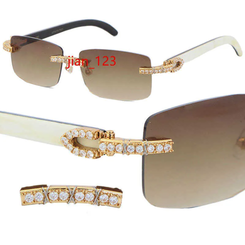 Neues Modell handgefertigte 2,6 Karat Diamant Set Randless Womans Sonnenbrille Weiß in schwarzen Büffelhorn Männern berühmte UV400 Lens Sonnenbrille Männlich und weiblich 18k Gold Größe 57