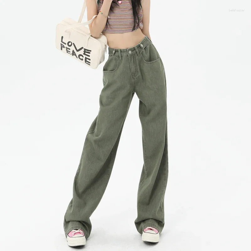 Jeans féminins vintage harajuku hauteur hauteur pantalon lâche de streetwear féminin grunge large jambe bagy y2k armée verte pantalon en denim vert