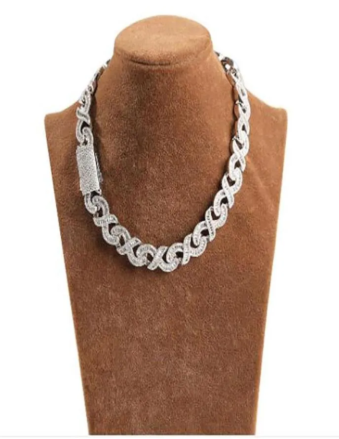 15 mm Iced Infinity Link Naszyjnik 14K biały złoto platowany bagietka Diamentowa biżuteria z cyrkoniem Cubic Cubic Cubic
