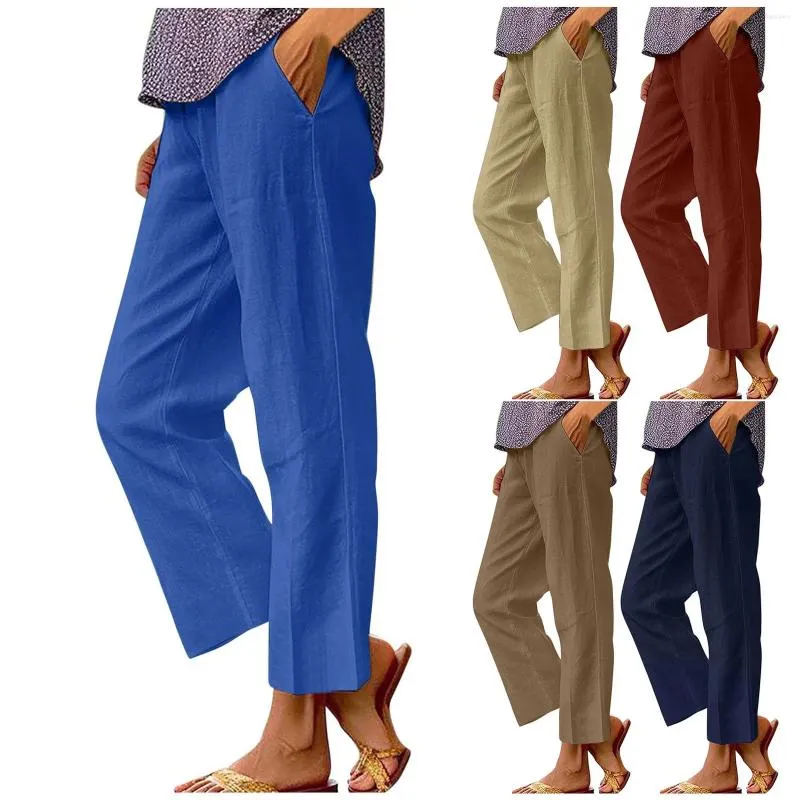 Women's Pants Straight For Women Ankle Length Trousers With Pockets Beach Summer Solid Color Elastic Waist Cotton Linen Mujer