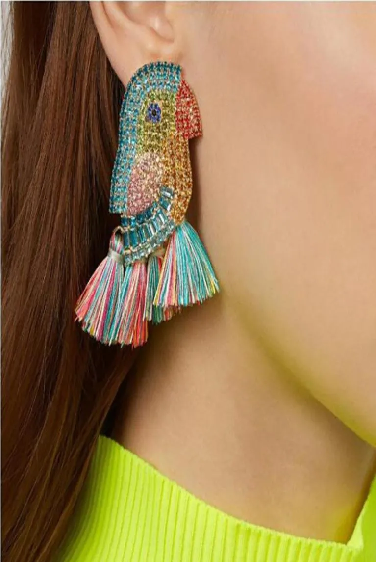 Crystal Parrot Bird Drop Earrings Luxury Design Tassel Studs For Women Full Rhinestone Fashion Statement överdriven dingle earrin4647151