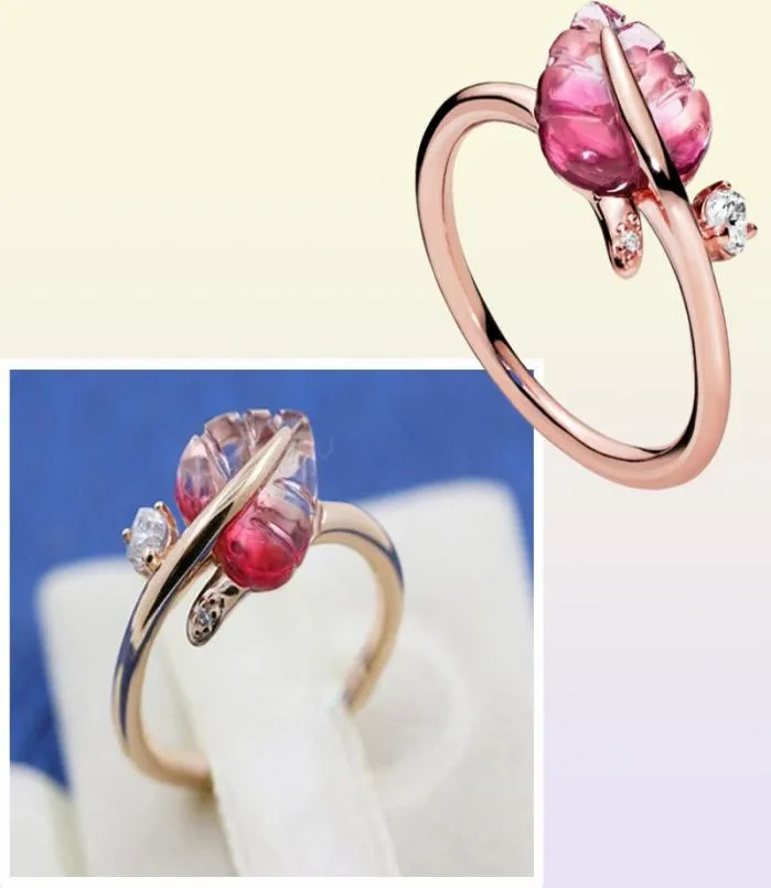 925 Sterling Silber Pink Murano Glass Blatt Ring Fit Schmuck Verlobungszeithochzeitliebhaber Modebring7795332