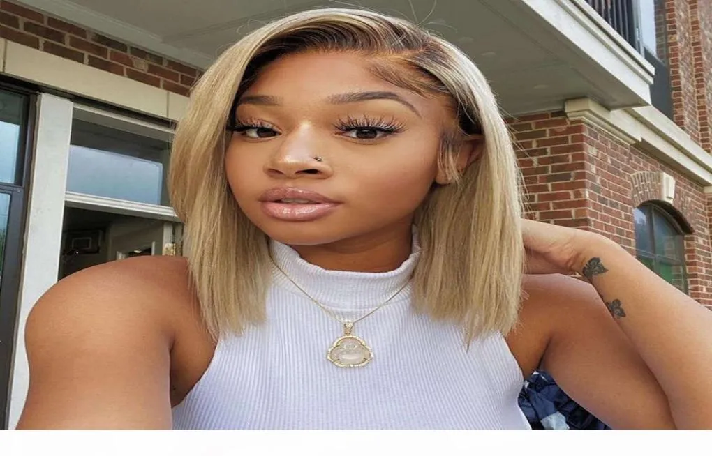 1B 613 Bob court 13x4 en dentelle Front Corlored Human Wigs Brazilian 99J Pink Remy Hair Blonde Frontal Wig for Black Women2641572