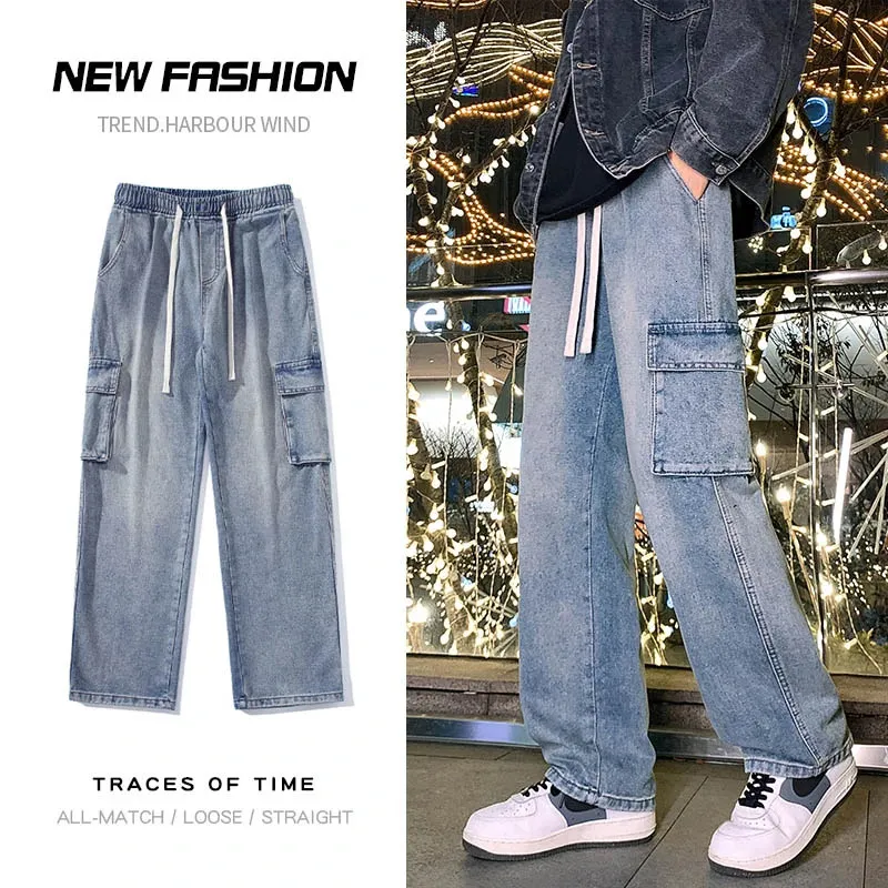 Spring Man Elastic Taille Cargo Baggy Jeans High Street Hosen gerade Y2K Multi-Tocket Overalls Mode Wide Leghose 240417