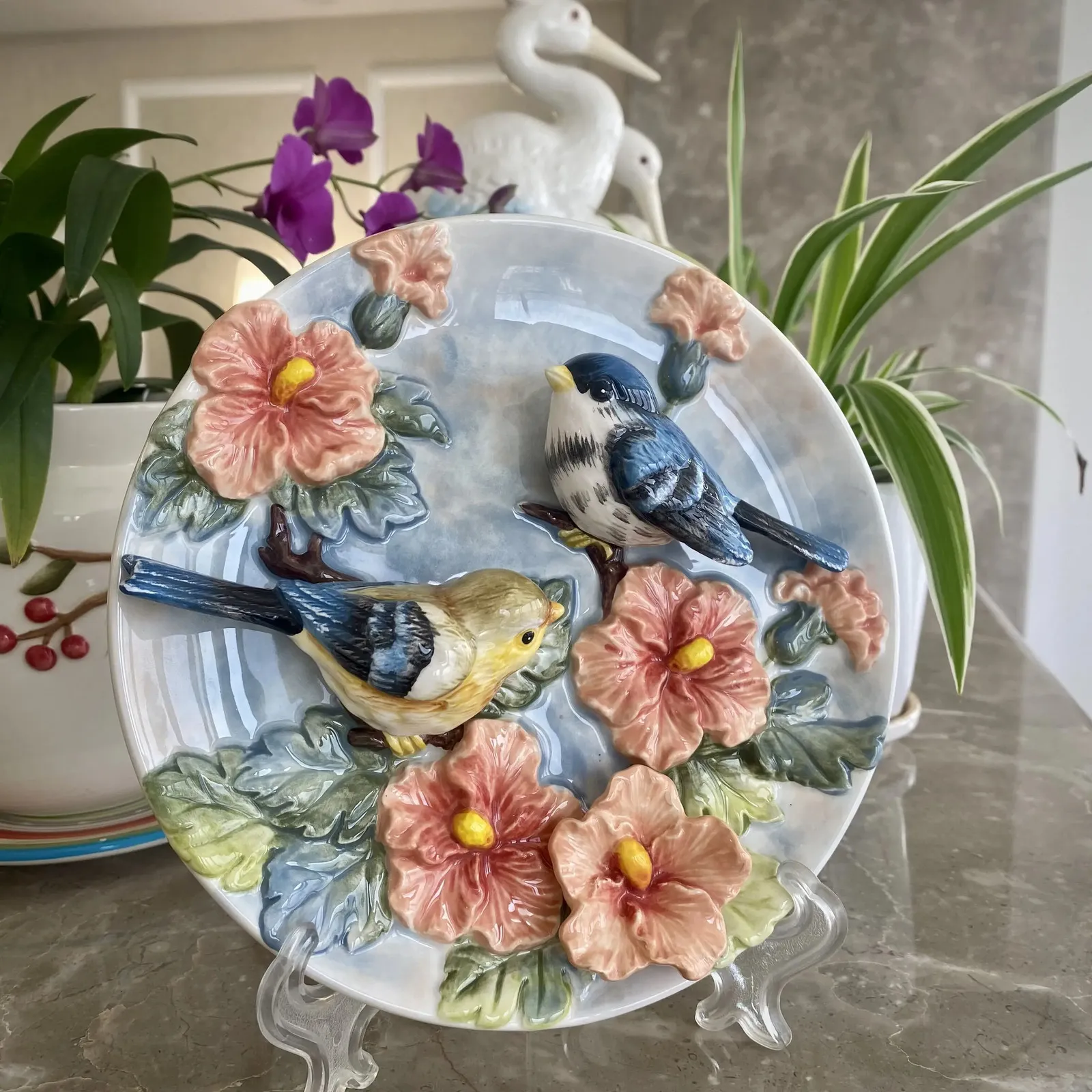 3d Hibiscus Vogel Liebhaber Dekorative Wandgerichte Porzellan Dekorative Teller Hausdekoration Raumdekoration Accessoires Figurine 240429