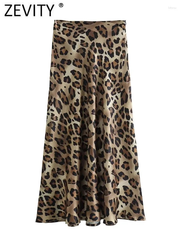 Signe Zevity 2024 Women Vintage Leopard Stampa Casual Slip Midi Midi Skirt Faldas Mujer Female Chic Zipper A Line Vestidos Qun316