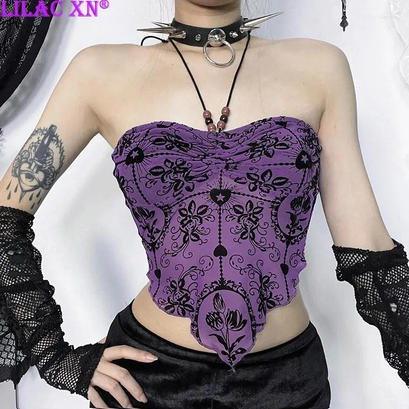 Women's Tanks Y2K Goth Purple Velvet Print Halter Camis Top Sexy Backless See Through Corset Crop Tops Women Summer Fashion Tank Camisole