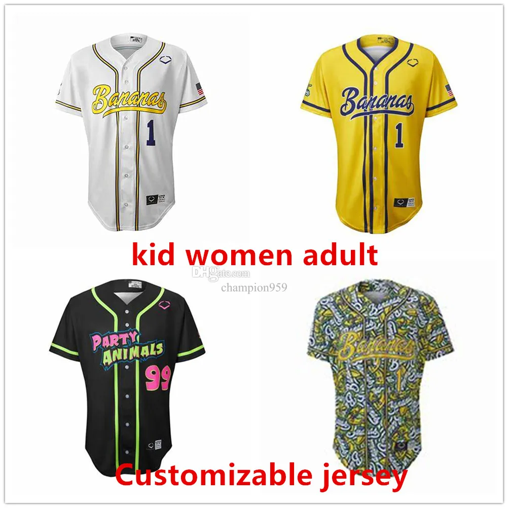 Savannah Savannah Bananas béisbol Jersey Size Mujeres Menores Color Amarillo Blanco Blanco Muti Jerseys