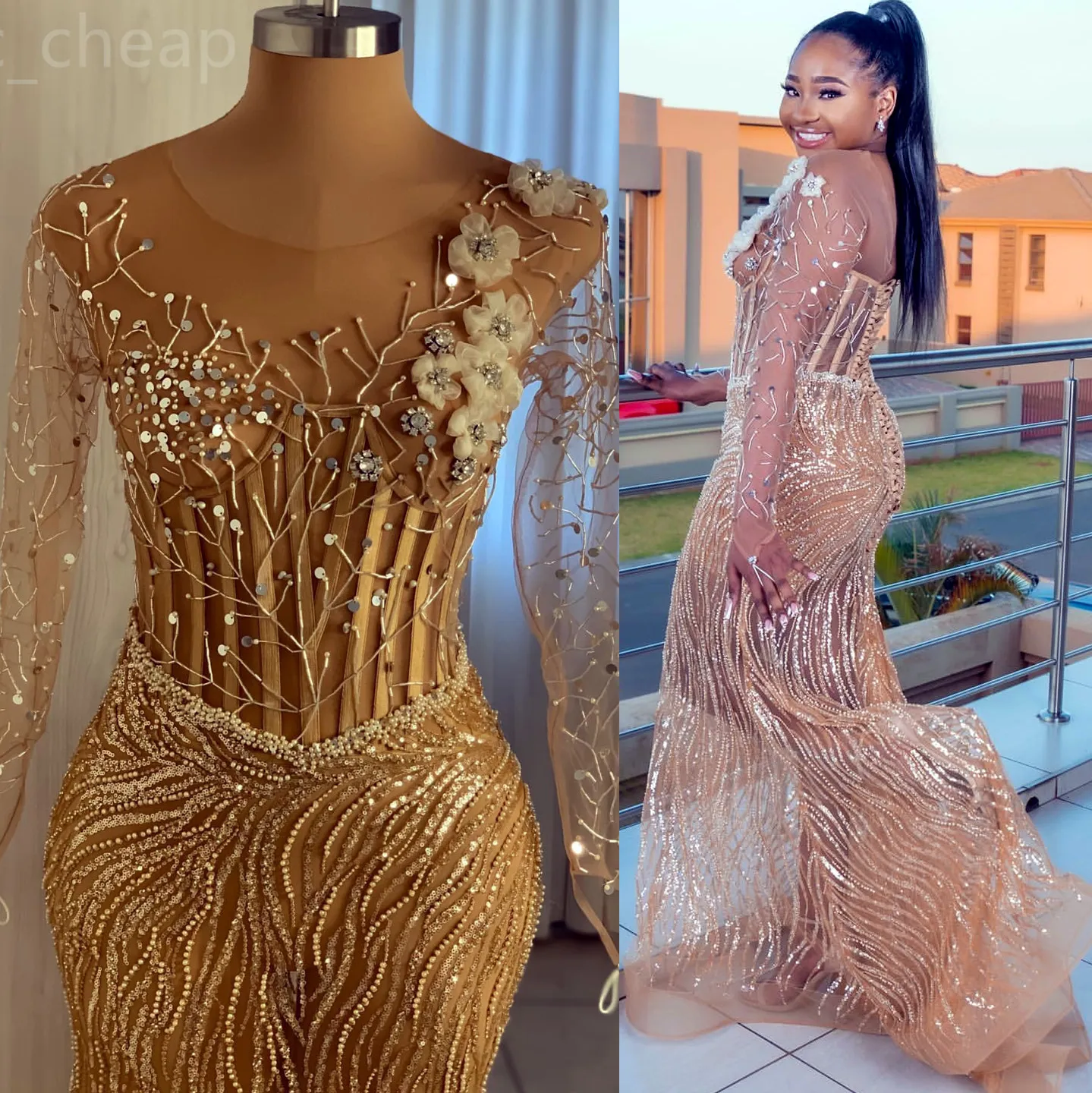 Aso Ebi 2024 Gold Sircaid Prom Dress Crystals perlé Voir tout au long de la soirée formelle Deuxième réception 50e anniversaire Robes de fiançailles Robe Robe de Soiree es