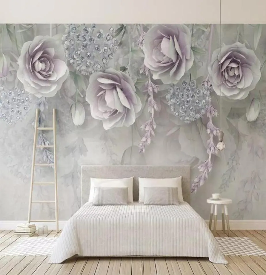 3D Embossed flowers Wallpaper Retro Purple flowers Mural Large Fresco Floral Wall Paper Study Restaurant TV Backdrop Wall Painting5868234
