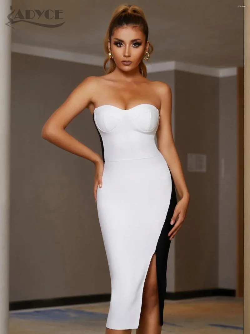 Casual Dresses Adyce Summer Women Strapless Bodycon Bandage Dress 2024 Sexig ärmlös Patchwork Midi Celebrity Evening Club Party