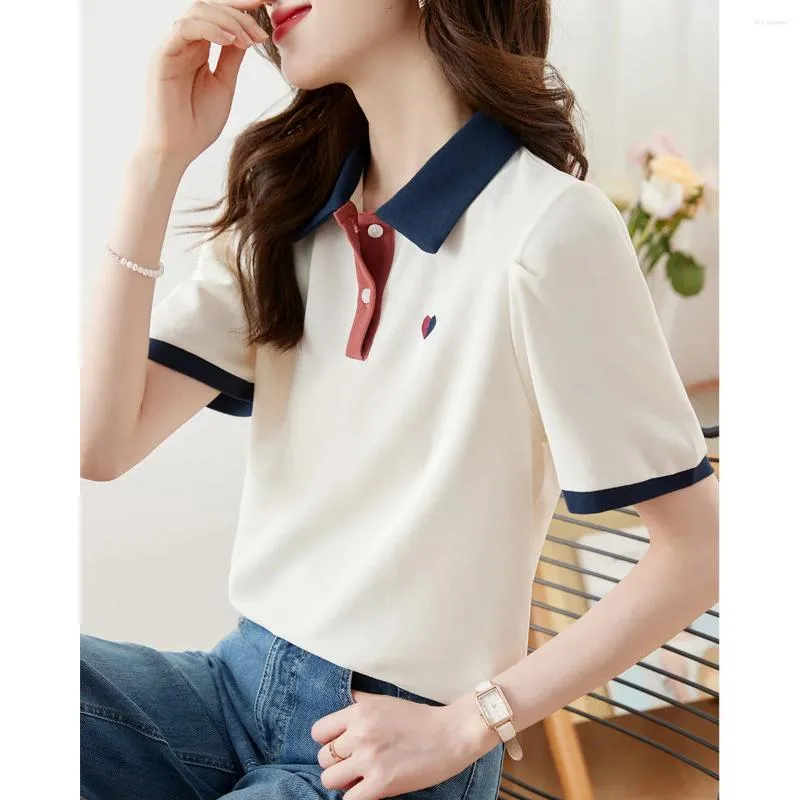 Polos féminins 2024 T-shirt d'été T-shirt Coton Elegant Style Zipper Neck Office Lady Top Short à manches courtes pour plus