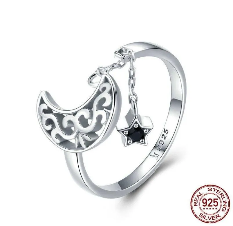Nieuwe hoogwaardige luxueuze CZ Gemstones Moon en Star verstelbare ring 925 Sterling Silver Romantic Black Diamond Ring Jewelry 9264778