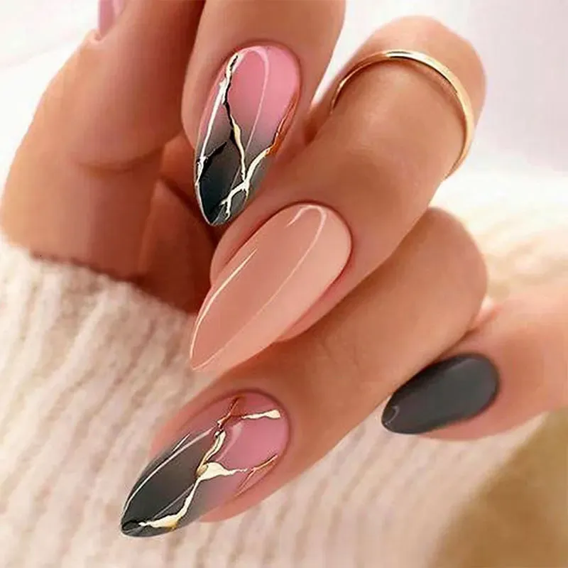 24st Pink Almond False Nails Shiny Golden Ripples Stiletto Fake Löstagbar Oval Full Cover Press On Tips Manicure 240423