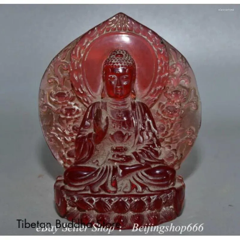Декоративные фигурки 5.4 "Старая китайская красная янтарная резная статуя Фенгшуй Шакьямуни Амитабха Будда Статуя