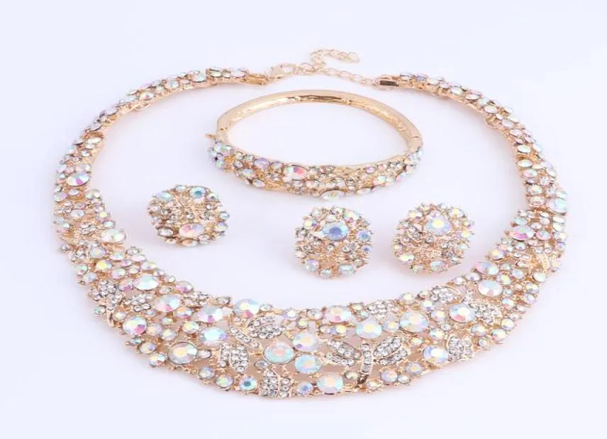 Women AB Color Crystal Jewelry Sets With Necklace Earrings Bracelet Ring Statement Necklaces Boho Trendy Wedding for Party Direct 5189687