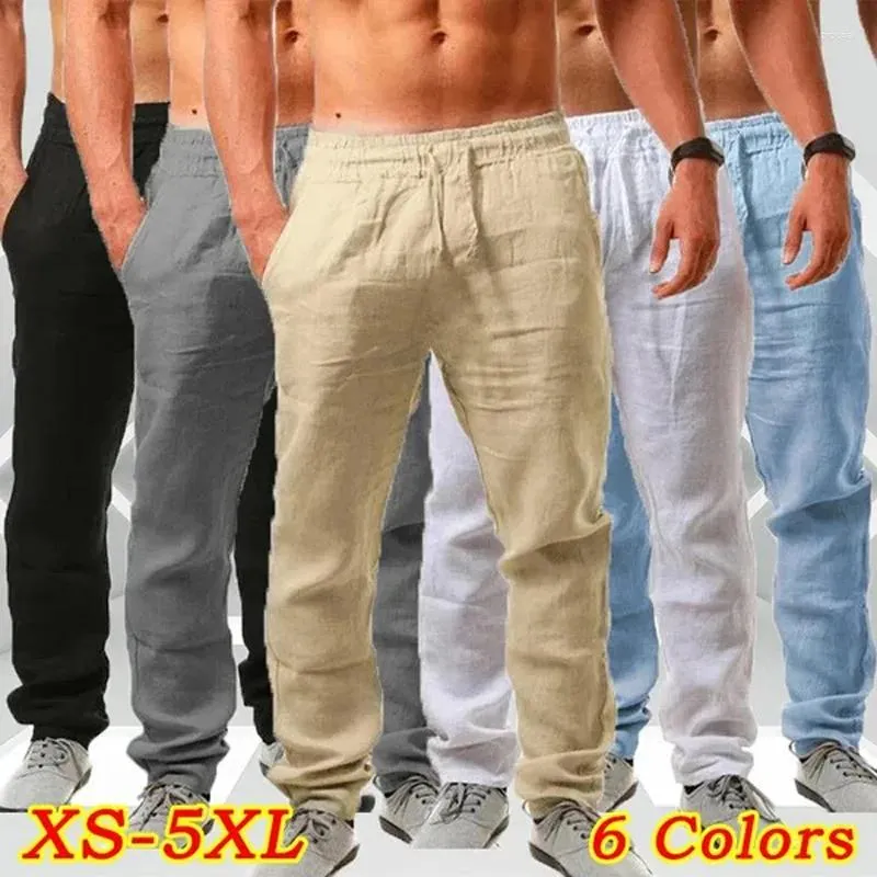 Męskie spodnie Mężczyźni Lato luźne sznurka koreańska solidna bawełniana lniana długie spodnie Pockets wakacyjny plaża miękkie spodnie xs-5xl 2024