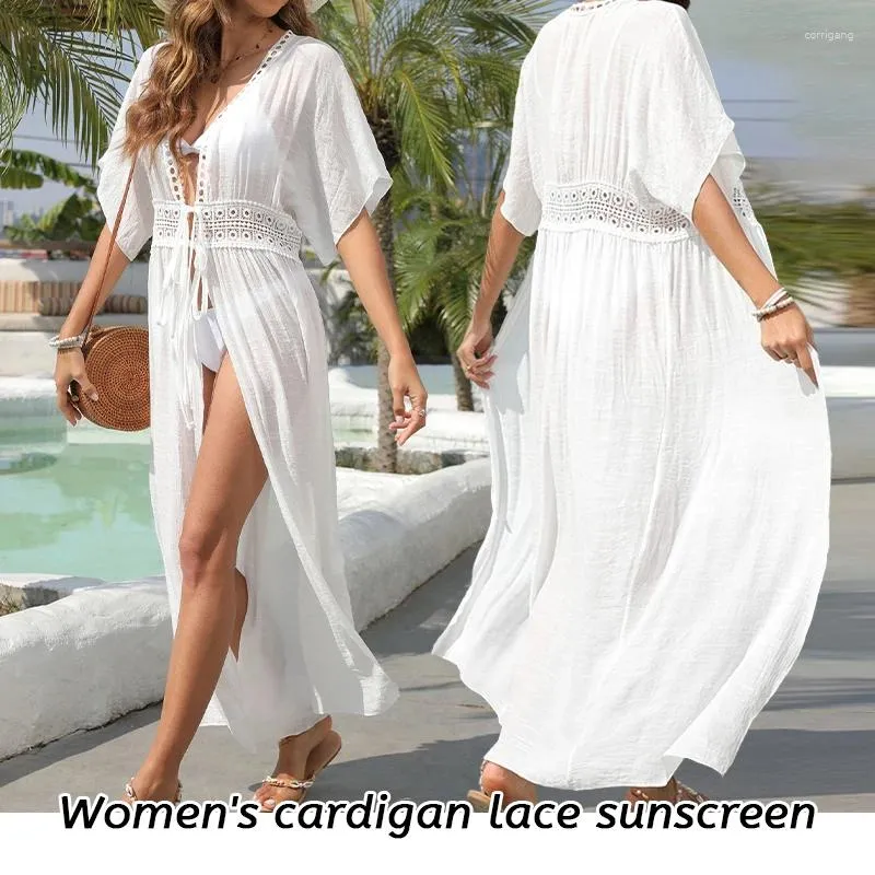 ブラックホワイトビーチビキニカバー女性カーディガンビーチウェアフロントレースアップシャツドレスボーホーチュニックシャツドレスサマー水着