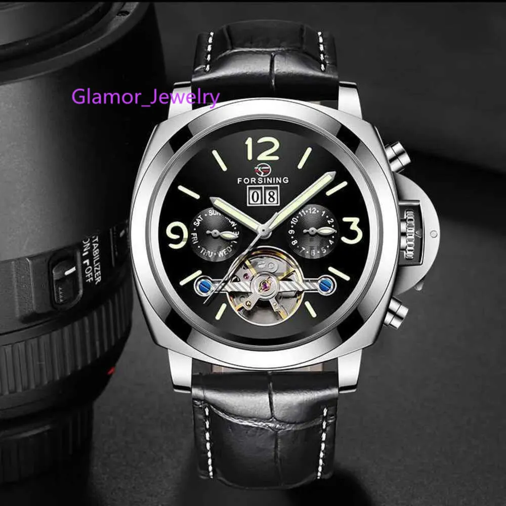 Andra bärbara enheter ForSining Mechanical Mens Watches äkta läderband Komplett kalender Tourbillon Automatiska armbandsur Relogio Masculino X0821