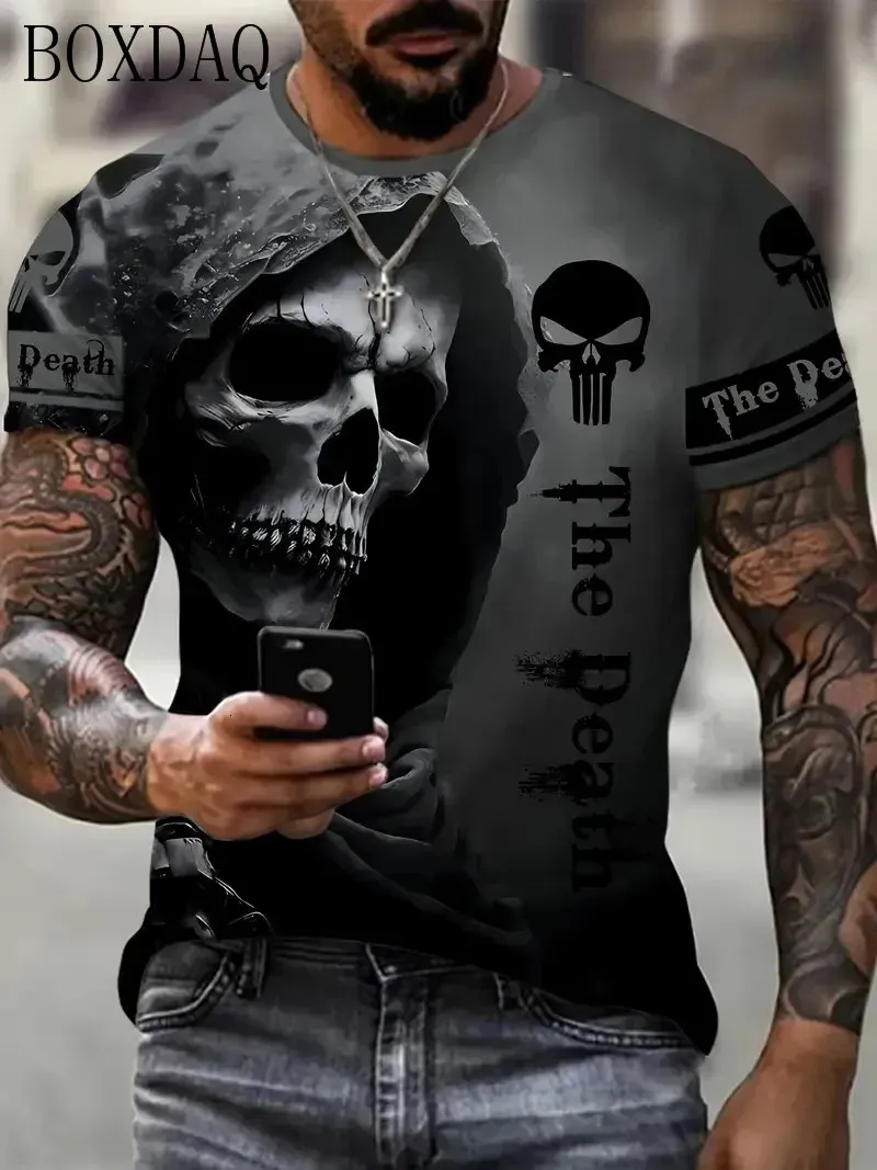 Horror Death Mens Skull Tshirts Short Short Short 3D Terror Street Hip Hop Thirt Oneck Tops Summer Casual Sums Abbigliamento 240423